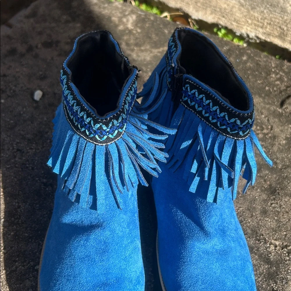 Women's Platform Ankle Booties Casual Fringe Round Toe Chunky Heel Tassel Ethnic - Picture 4 of 11